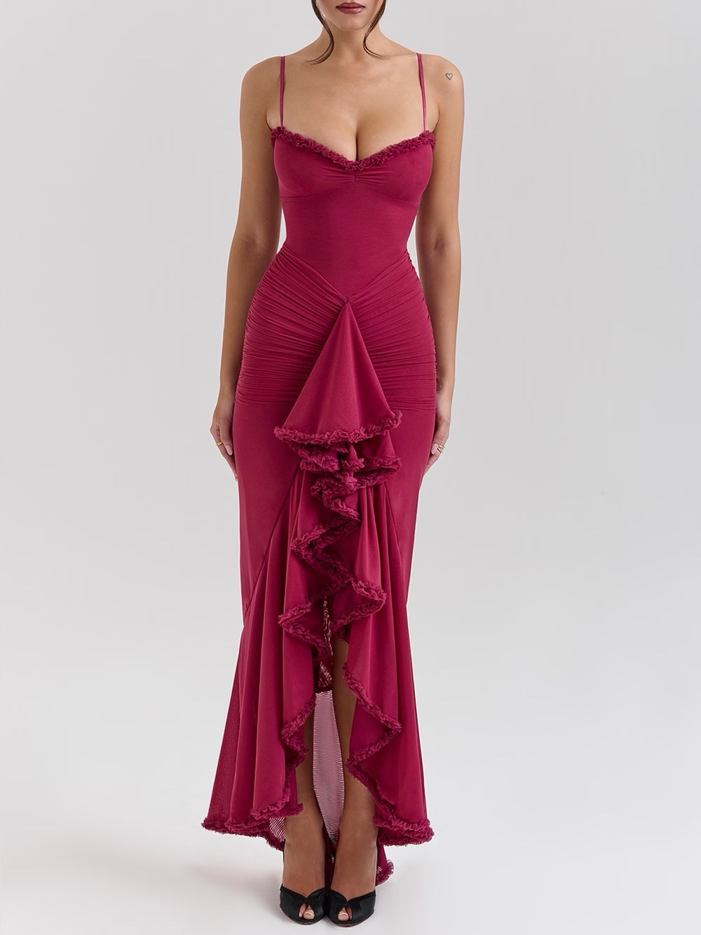 Fitted Burgundy Ruffle-Front Spaghetti Strap Dress - Gabbi